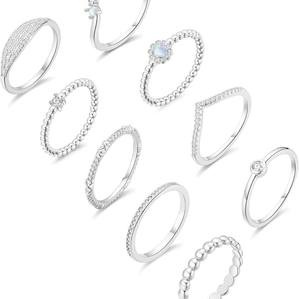 14K Silver Plate Stacking Rings Set for Women V Opal Flower CZ Rings Simple Thum